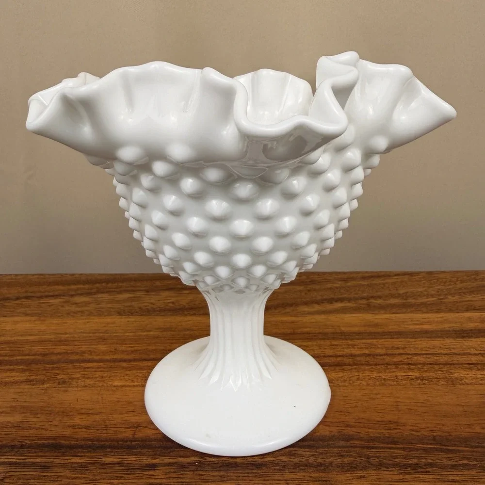 Fenton Milk Glass Hobnail Compote Bowl Ruffled Edge Pedestal Candy Dish  6in
